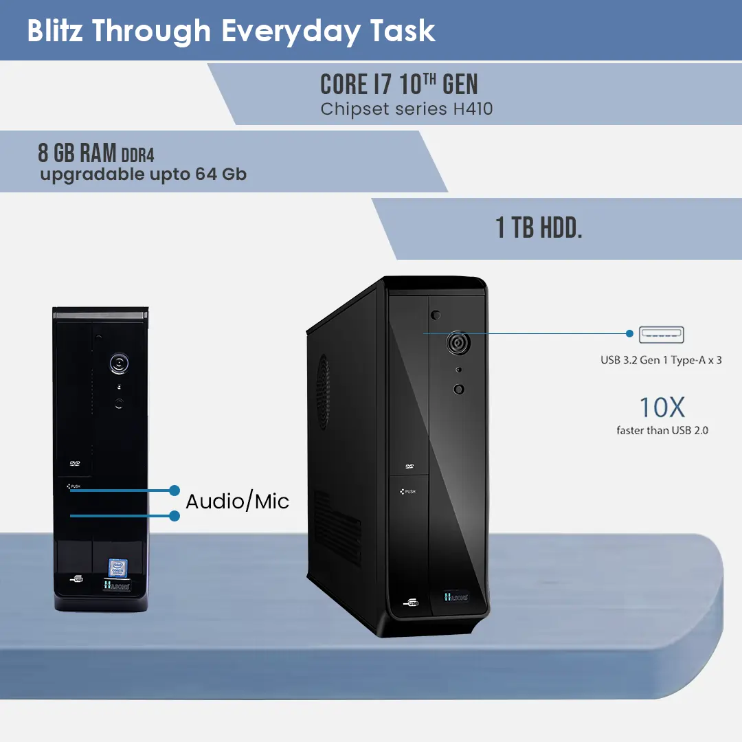 Intel Core I7 10700 processor, Series H510 chipset, Windows 11 Pro, 1TB HDD, 256 SSD, DDR4-4GB, wired keyboard, mouse and 21.5-inch display