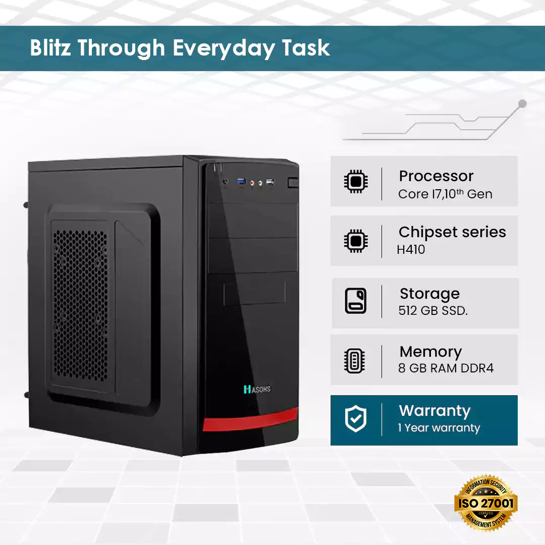 I7 10th Gen Desktop, 10700, Chipset: H510, Operating System: Windows 11 Pro, Storage: 1TB HDD, 256 SSD, Memory: DDR4-8GB, Keyboard: Wired, Display: 21.5".