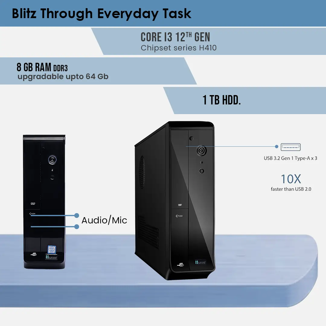 8gb RAM DDR4 2400 Desktop with Processor Intel Core i3 Gen 12100 /Chipset Series H610/ windows 11/ 256ssd/ 1TB HDD /Wired Keyboard, Mouse/ Black), screen 21.5