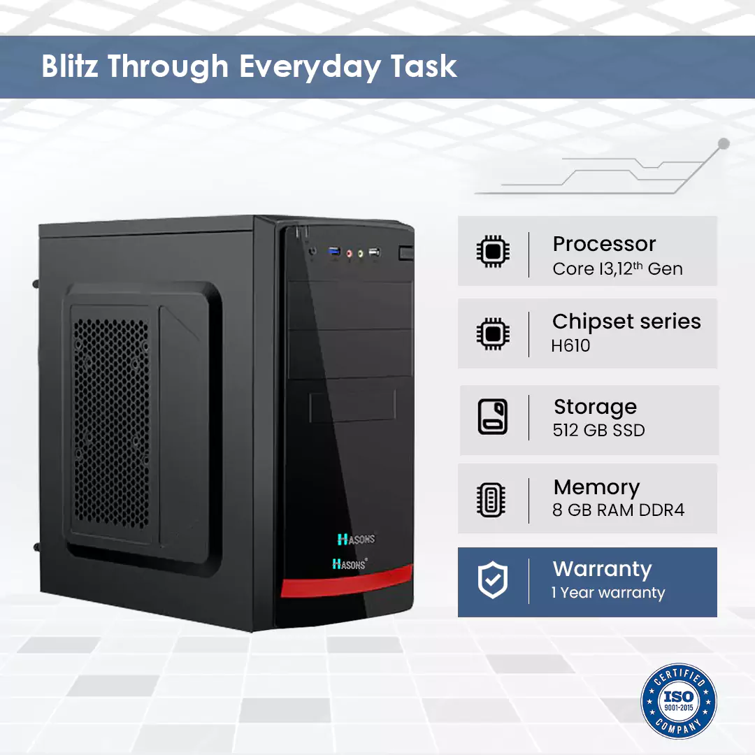 I3 Processor 12th generation desktop with 2 Gb Graphics Card |16 GB RAM |256 SSD| H610 motherboard |1 TB HDD| 21.5 Inch screen