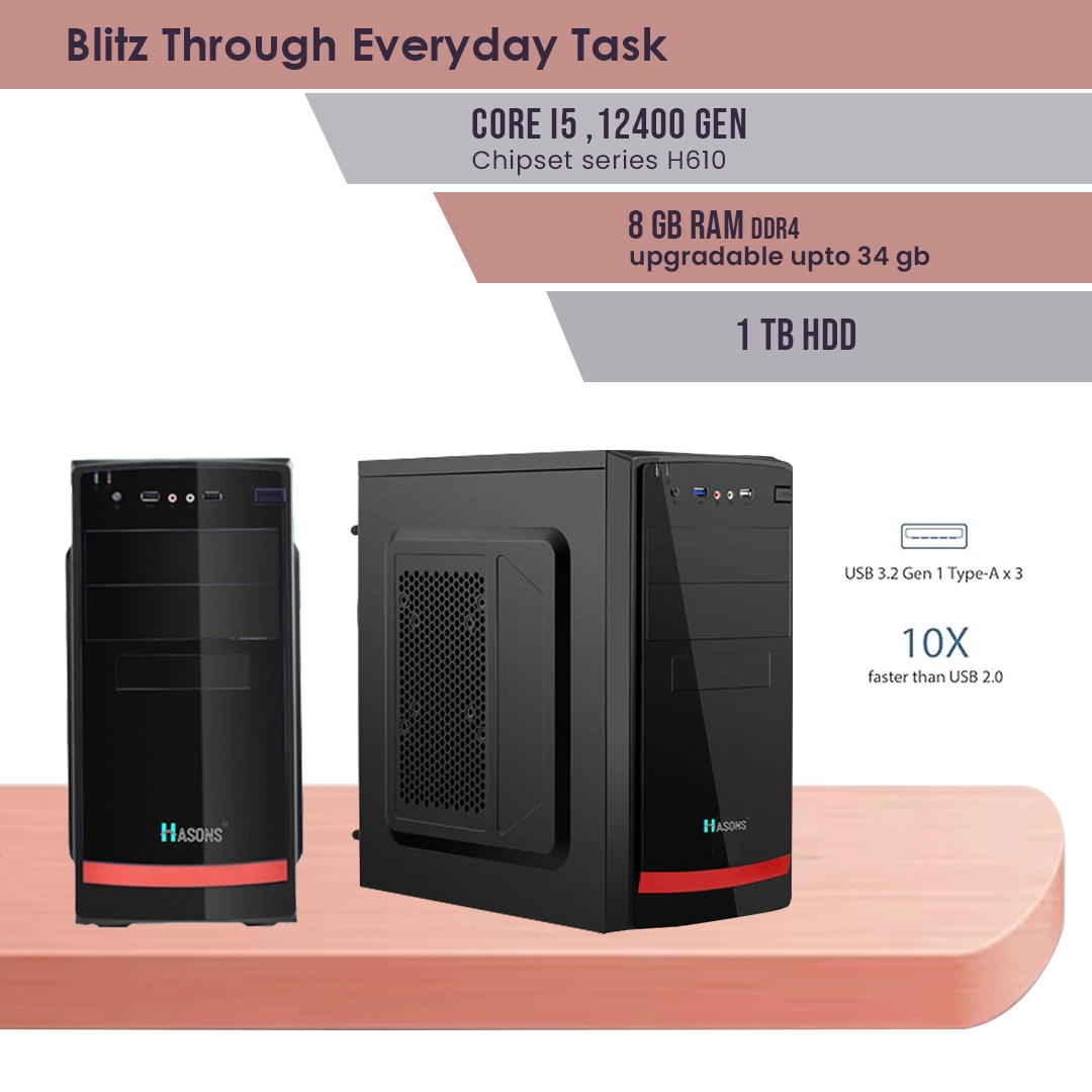8gb DDR4 RAM Desktop with Processor Intel Core i3 Gen 12100 /Chipset Series H610 (windows 10pro/1TB HDD/Wired Keyboard, Mouse/ Black), screen 21.5