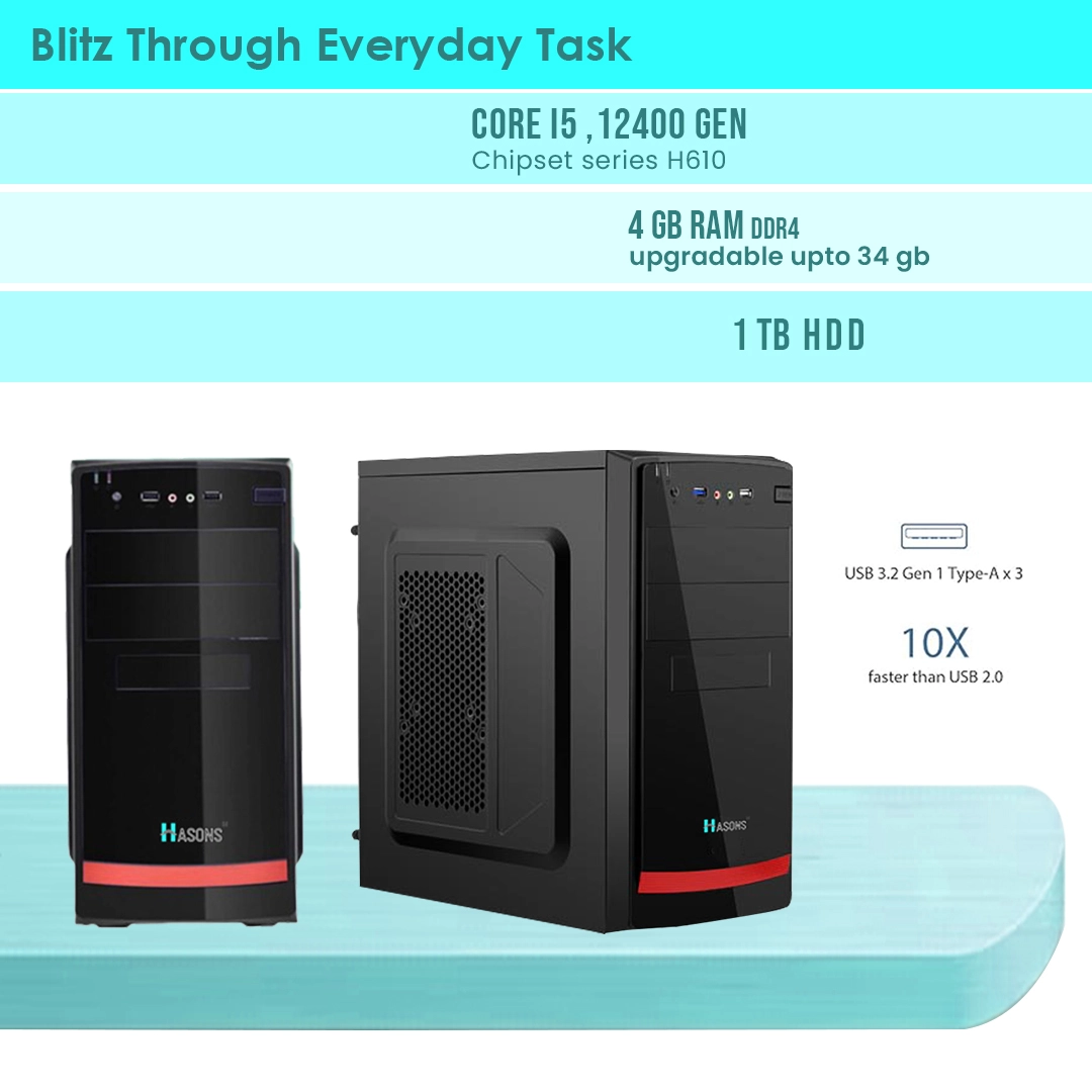 8 Gb Ram 1 Tb Hdd Processor Intel Core i3 12th Gen, Chipset Series H610, windows 10 pro, 1TB HDD, 256ssd, DDR4-8GB, Wired Keyboard, Mouse, Black, screen 21.5