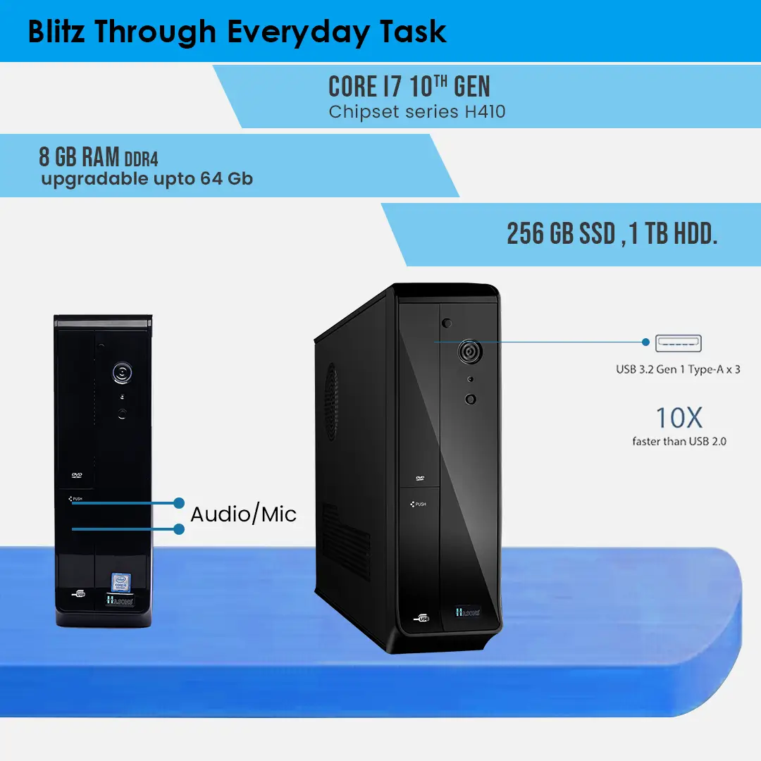 Desktop i7 processor 10th generation 8GB RAM 256 SSD| H410 Motherboard chipset  1 TB HDD, keyboard and mouse, 21.5 inch screen