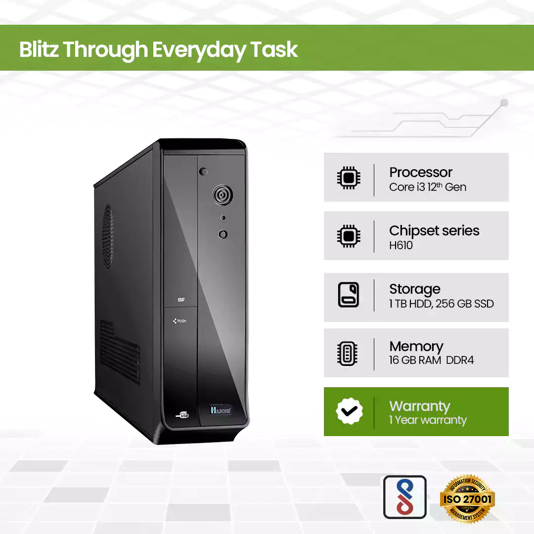 256 SSD desktop i3 12th generation 16GB RAM| 1 TB HDD| 256 SSD| Motherboard H610| screen size 21.5