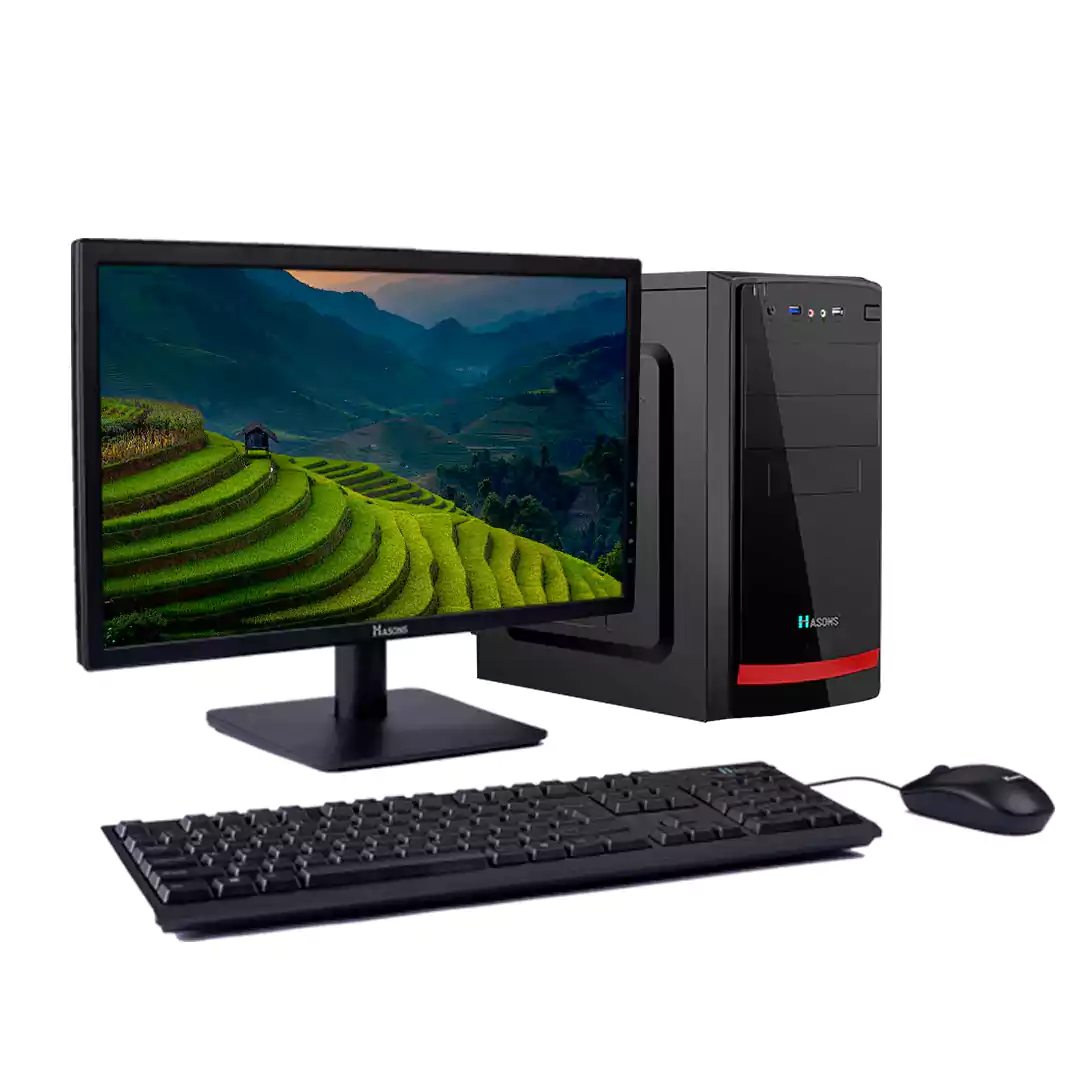 Desktop with I7 Processor & 8gb Ram, Gen 10700, H410 chip set, Windows 10 Pro, 1TB HDD, 256 SSD, wired keyboard and 21.5-inch screen.