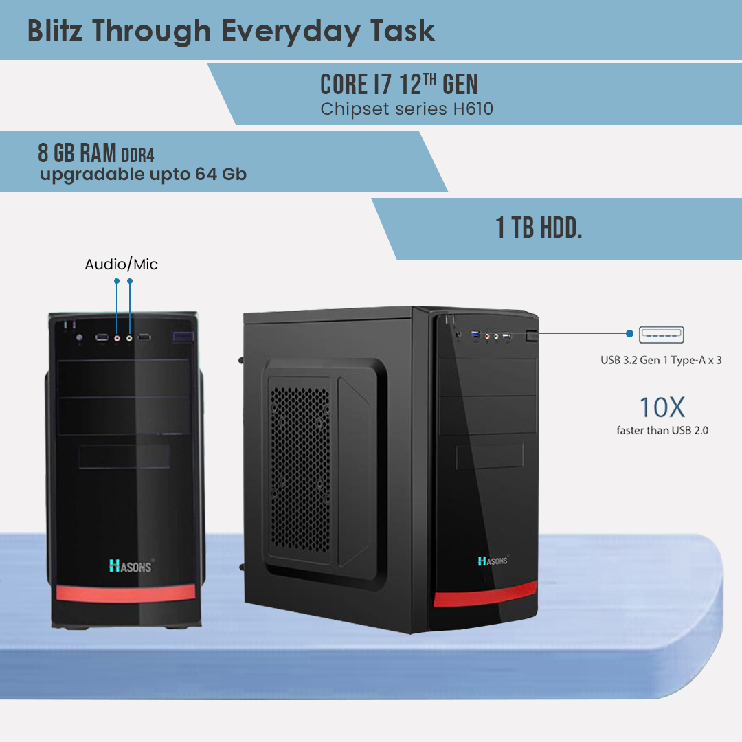 12th Generation i7 Desktop 8GB RAM | H610 Motherboard chipset  1 TB HDD, keyboard and mouse, 21.5 inch screen